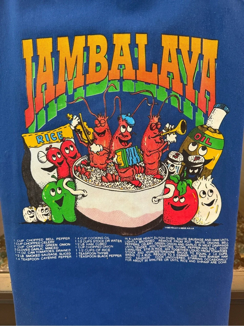 Vintage 1993 New Orleans Jambalaya Recipe Apron Kelley & Abide Blue Cook
